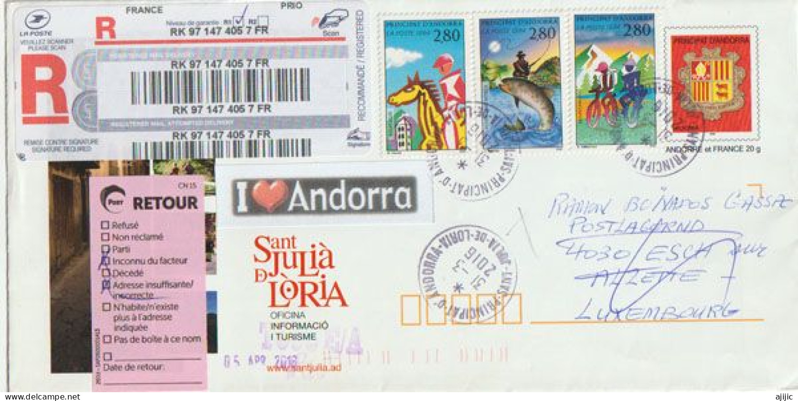 ENTIER POSTAL RECOMMANDÉ, Adressé Au Luxembourg Depuis Office Postal De Sant Julia De Loria, Return To Sender (RARE) - Entiers Postaux & Prêts-à-poster