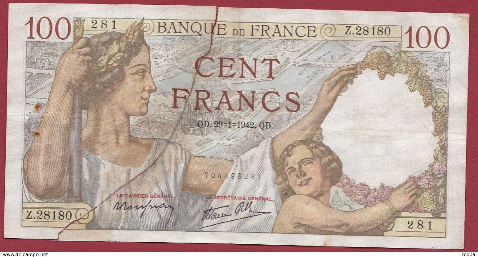 100 Francs "Sully" Du 29/01/1942.QD --Alph .Z.28180 Dans L 'état (5) - 100 F 1939-1942 ''Sully''