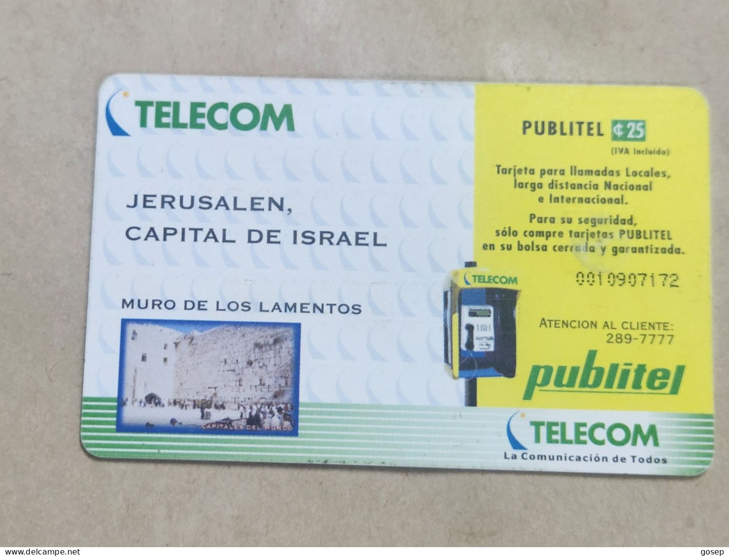 COLOMBIA-(ELS-PUB-0006A)-JERUSALEM-WALL PEOPLE-(1)-(25 Publitel)-(0010907172)-used Card+1card Prepiad Free - Colombie