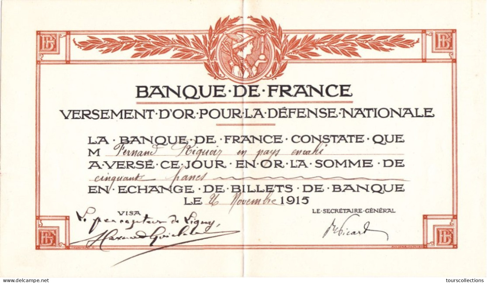 BILLET BANQUE DE FRANCE 1915 VERSEMENT OR Pour Défense Nationale De 50 Francs  Riquoir Fernand Pays Envahi à LIGNY (62) - Altri & Non Classificati