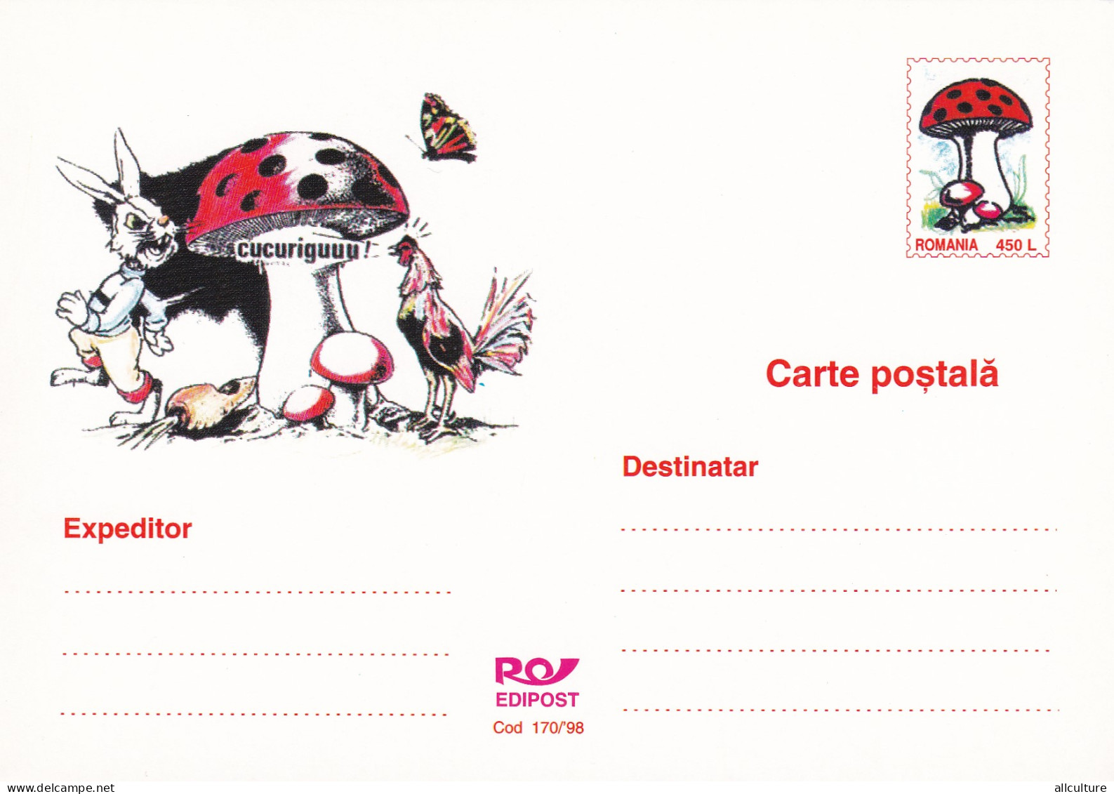 A23210  - RABBIT - Ciuperca MUSHROOM    Postal Stationery 1998  UNUSED - Champignons