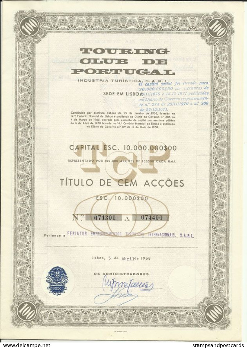 Portugal Action 2 Titres 100 Et 10 Actions 1968 Touring Club Tourisme 2 Stock Certificate Touring Club Tourism - Tourisme