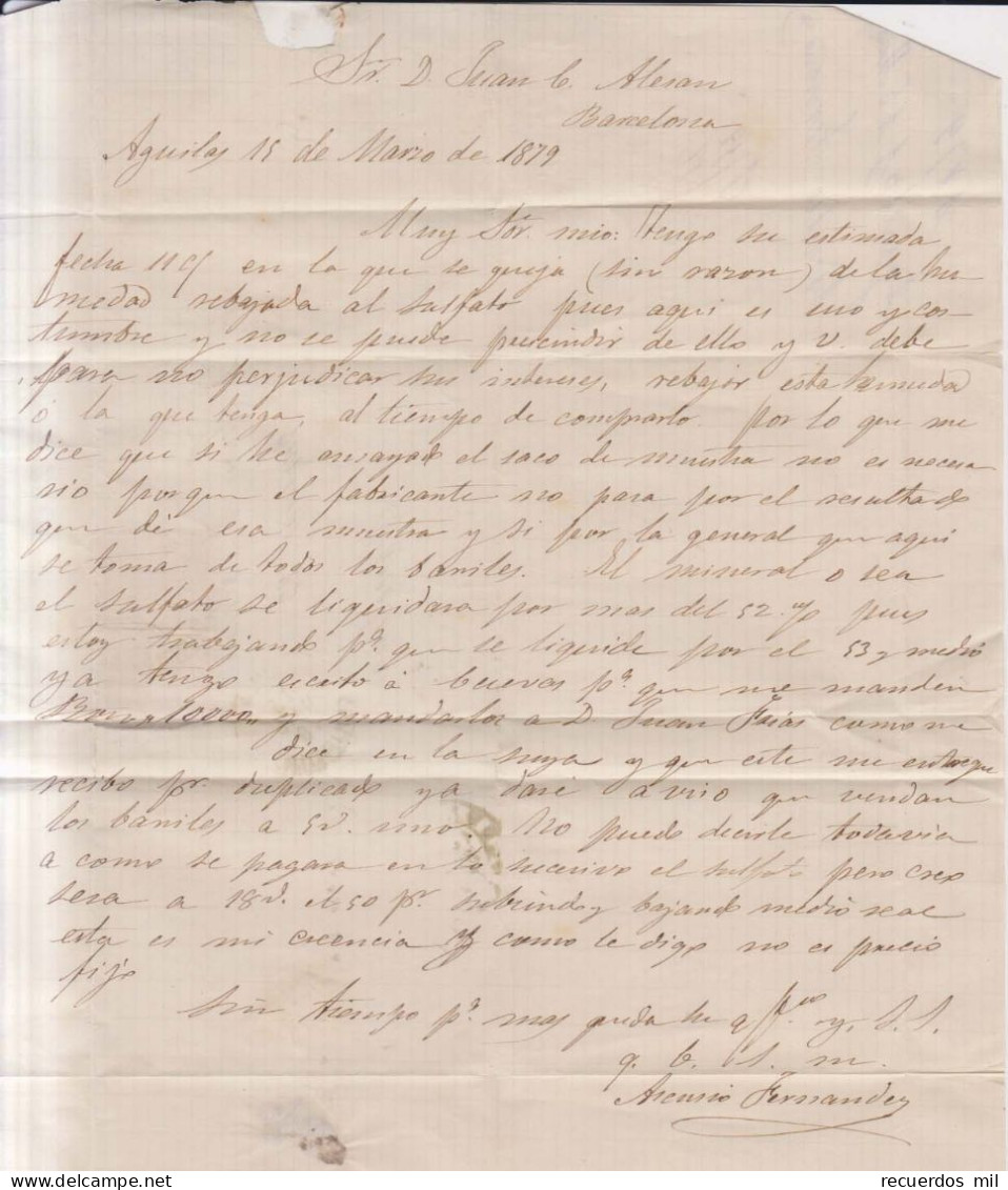 Año 1876 Edifil 192-188 Alfonso XII Carta  Matasellos Aguilas Murcia Asensio Fernandez - Covers & Documents