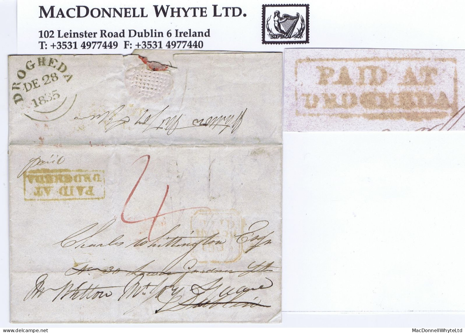 Ireland Louth 1835 Lettersheet To Dublin Prepaid "4" With Boxed PAID AT/DROGHEDA And Black DROGHEDA DE 28 1835 - Prephilately