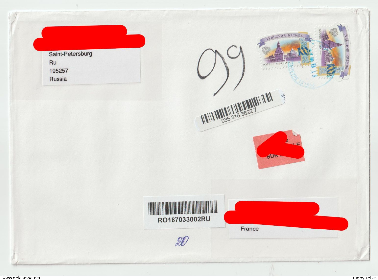 7083 LETTRE COVER RUSSIE RUSSIA  RECOMMANDE REGISTERED ST PETERSBURG SAINT PETERSBOURG - Brieven En Documenten