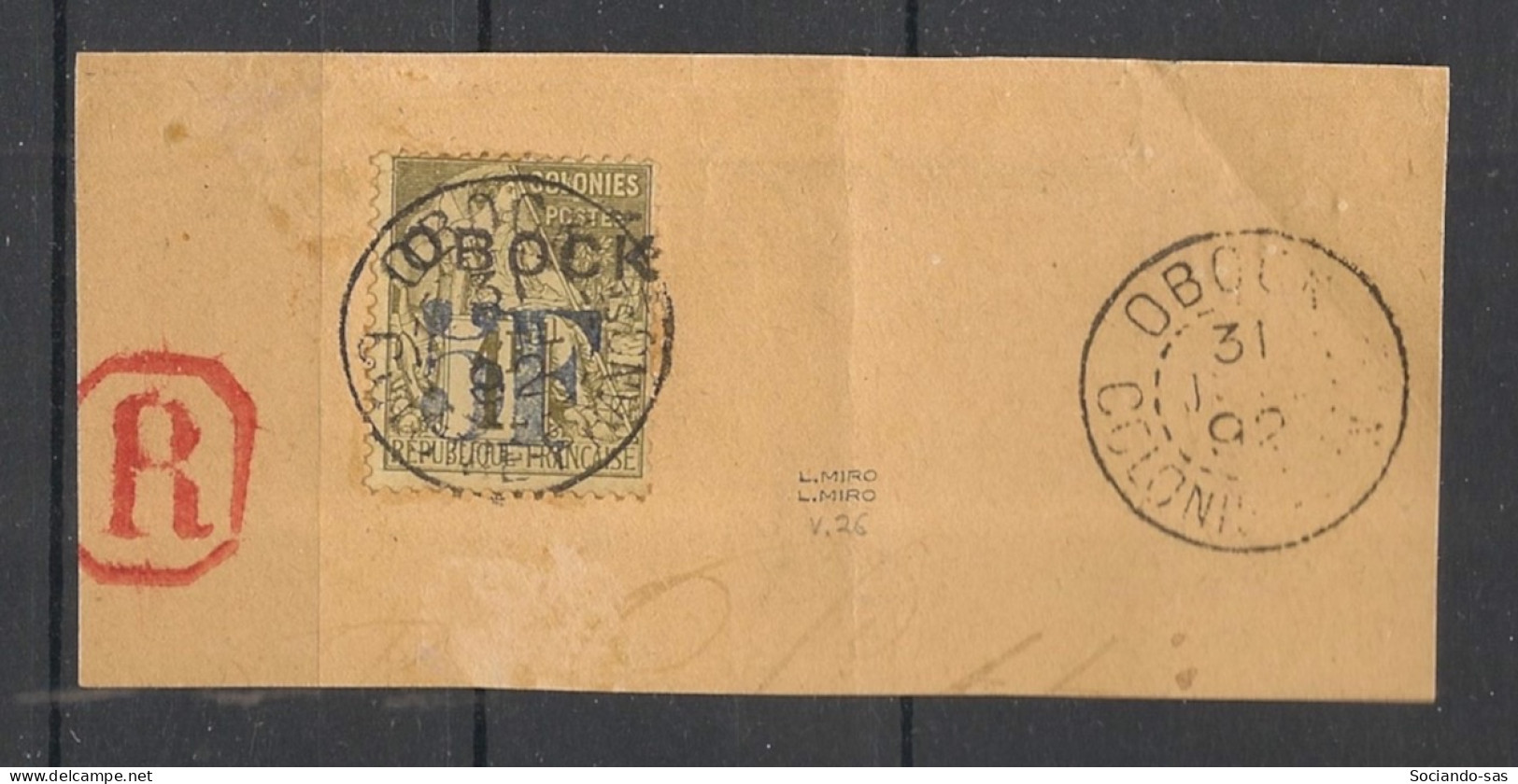 OBOCK - 1892 - N°YT. 31 - Type Alphée Dubois 5f Sur 1f - Signé MIRO - Oblitéré Sur Fragment / Used - Gebraucht