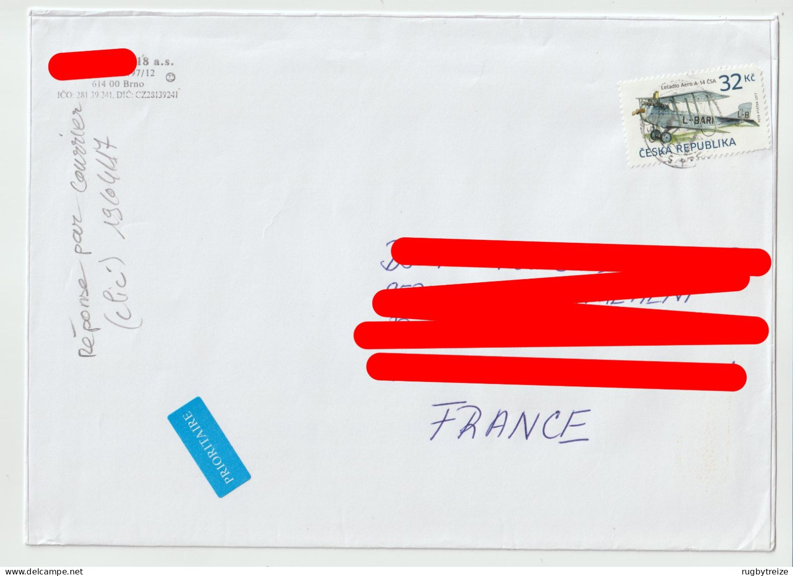 7091 Lettre Cover 2017 REPUBLIQUE TCHEQUE TCHEQUIE Czech Republic BRNO PLANE POSTE AERIENNE LETADLO AERO A 14 CSA - Cartas & Documentos