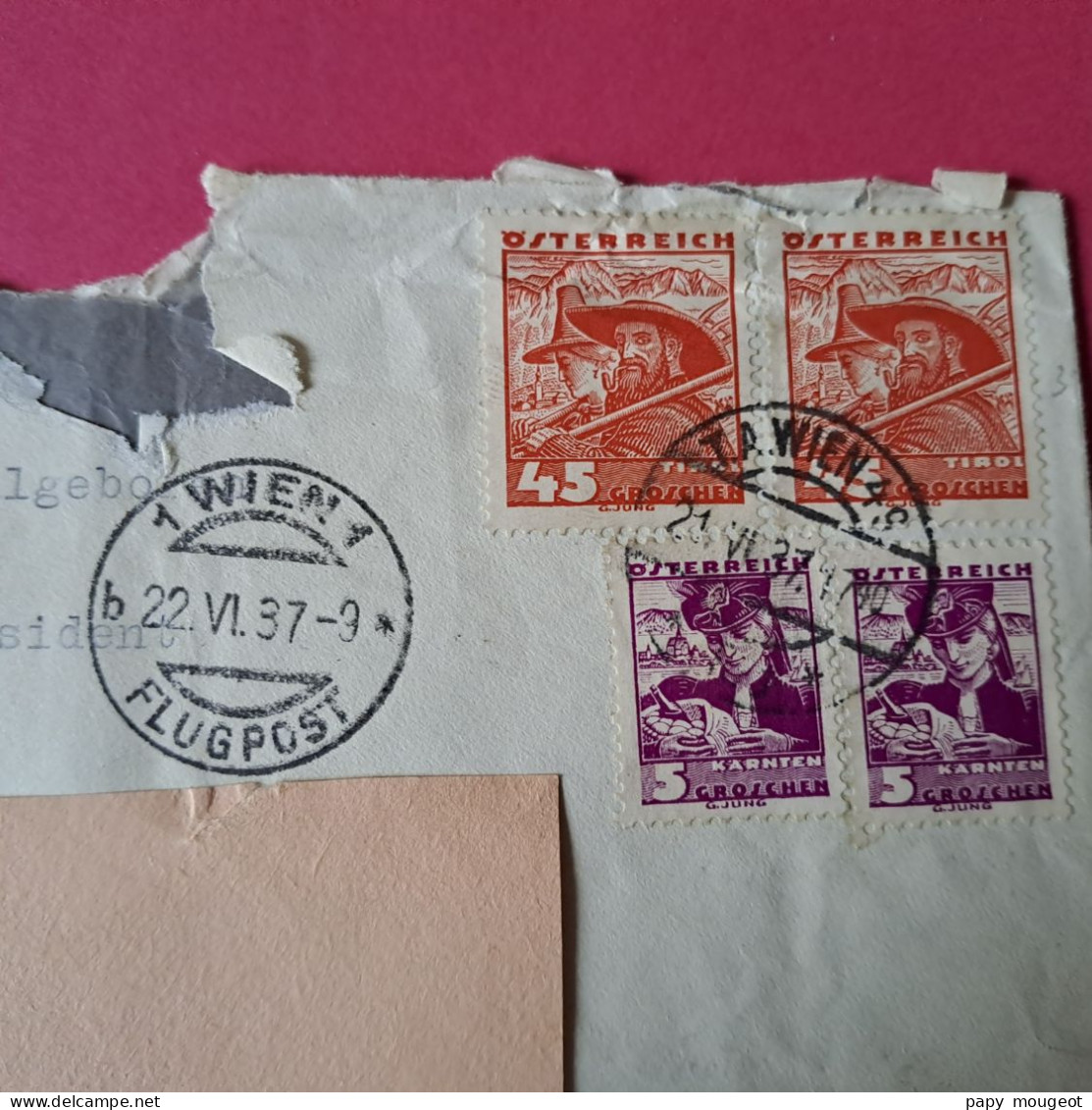 Lettre Par Avion De Vienne Pour Paris 21-06-1937 Cachet Paris Avion 22-06-1937 Enveloppe Déchirée En Haut - Briefe U. Dokumente