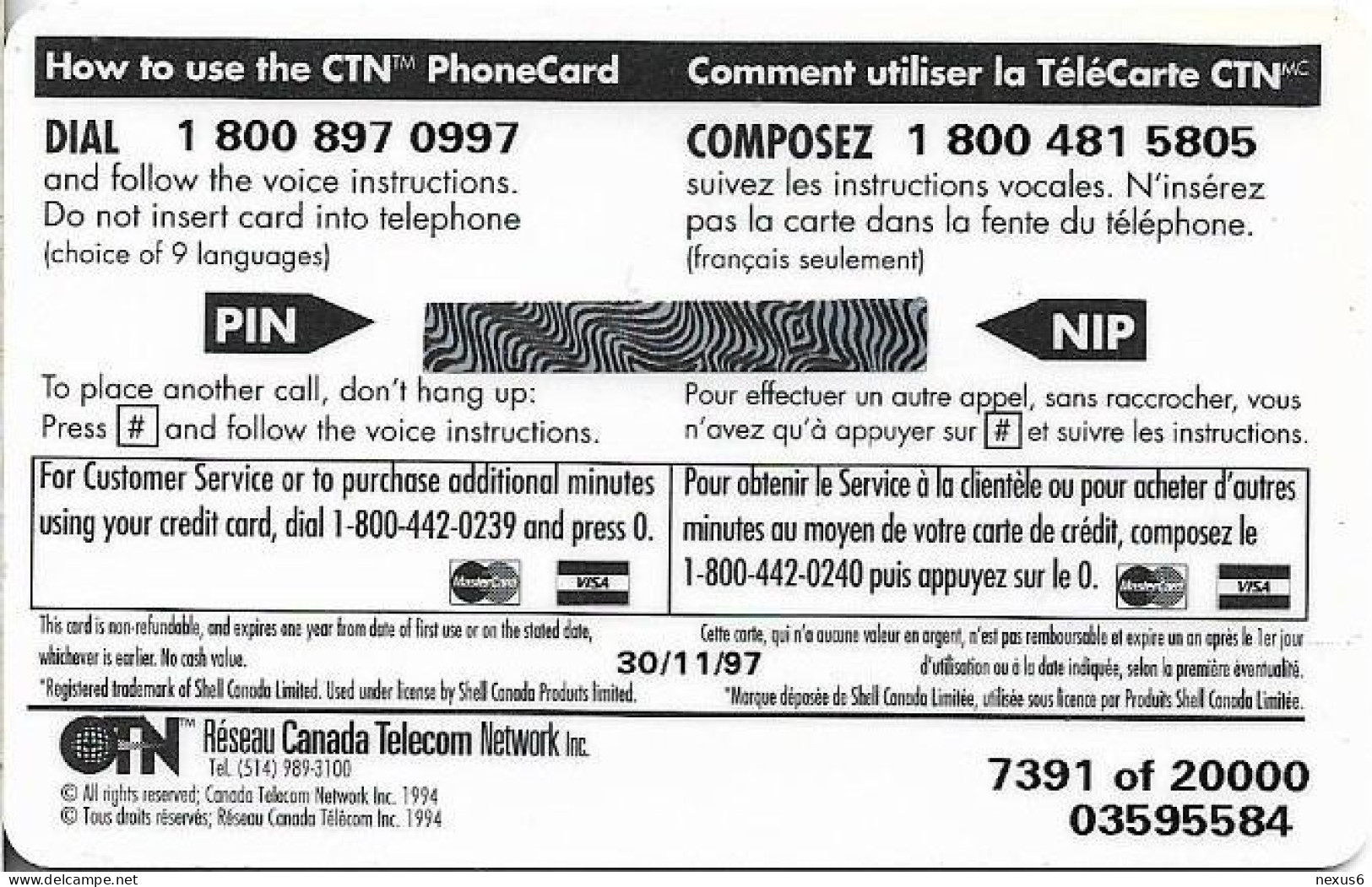 Canada - CTN - Shell Car 1, Exp.30.11.1997, Remote Mem. 10Min, 20.000ex, Mint - Kanada