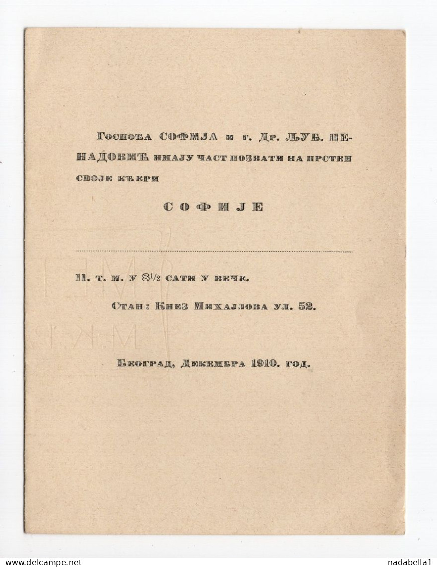 1910. SERBIA,BELGRADE,ENGAGEMENT INVITATION,SOFIJA & LJUBOMIR NENADOVIC,KNEZ MIHAILOVA 53,11 X 15 Cm - Engagement