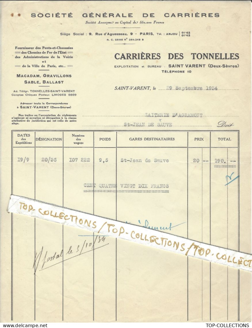 1934  Sté Générale De Carrières Carrières Des Tonnelles ST Varent Deux Sèvres Pour St Jean De Sauve Laiterie D’Agramont - 1900 – 1949