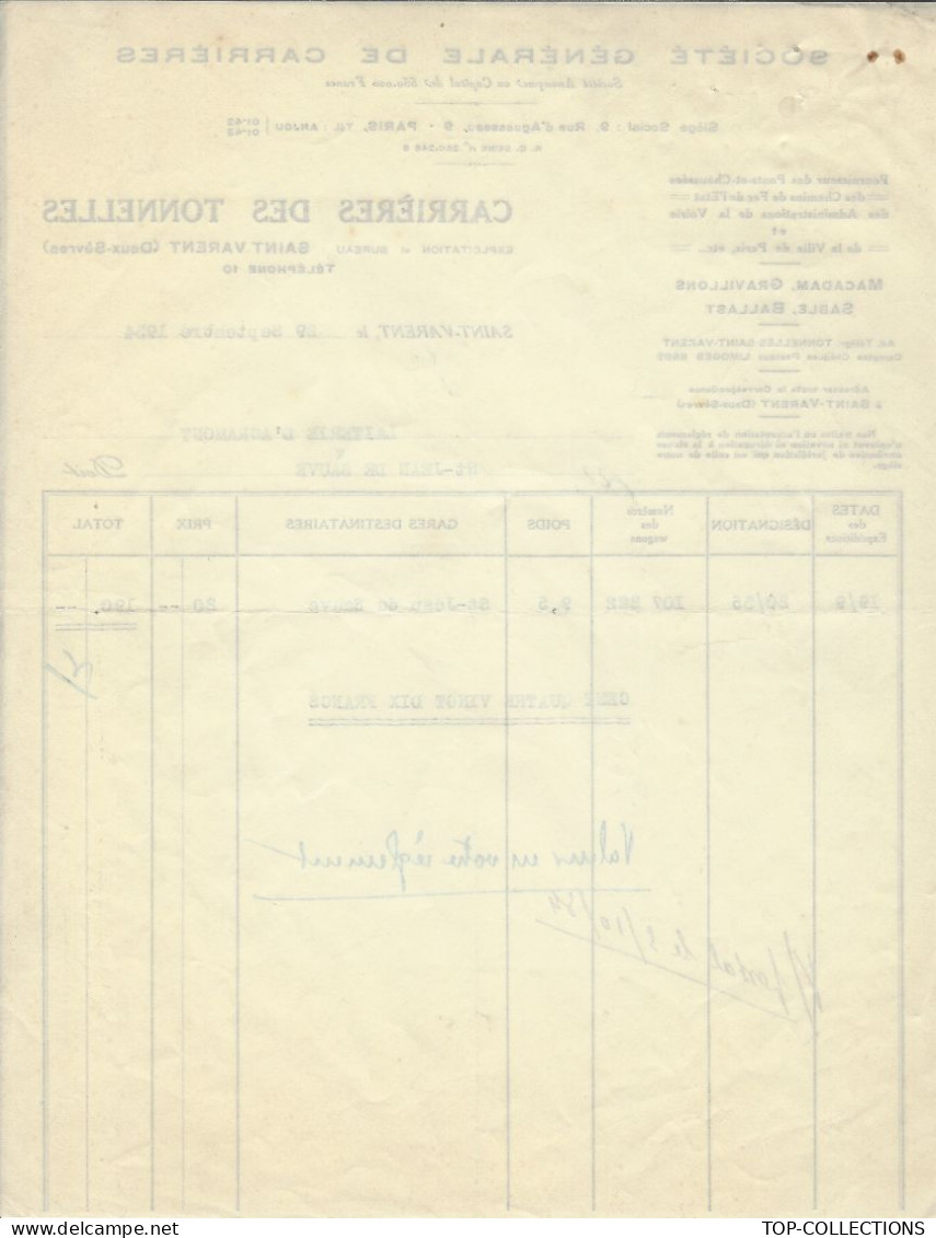 1934  Sté Générale De Carrières Carrières Des Tonnelles ST Varent Deux Sèvres Pour St Jean De Sauve Laiterie D’Agramont - 1900 – 1949