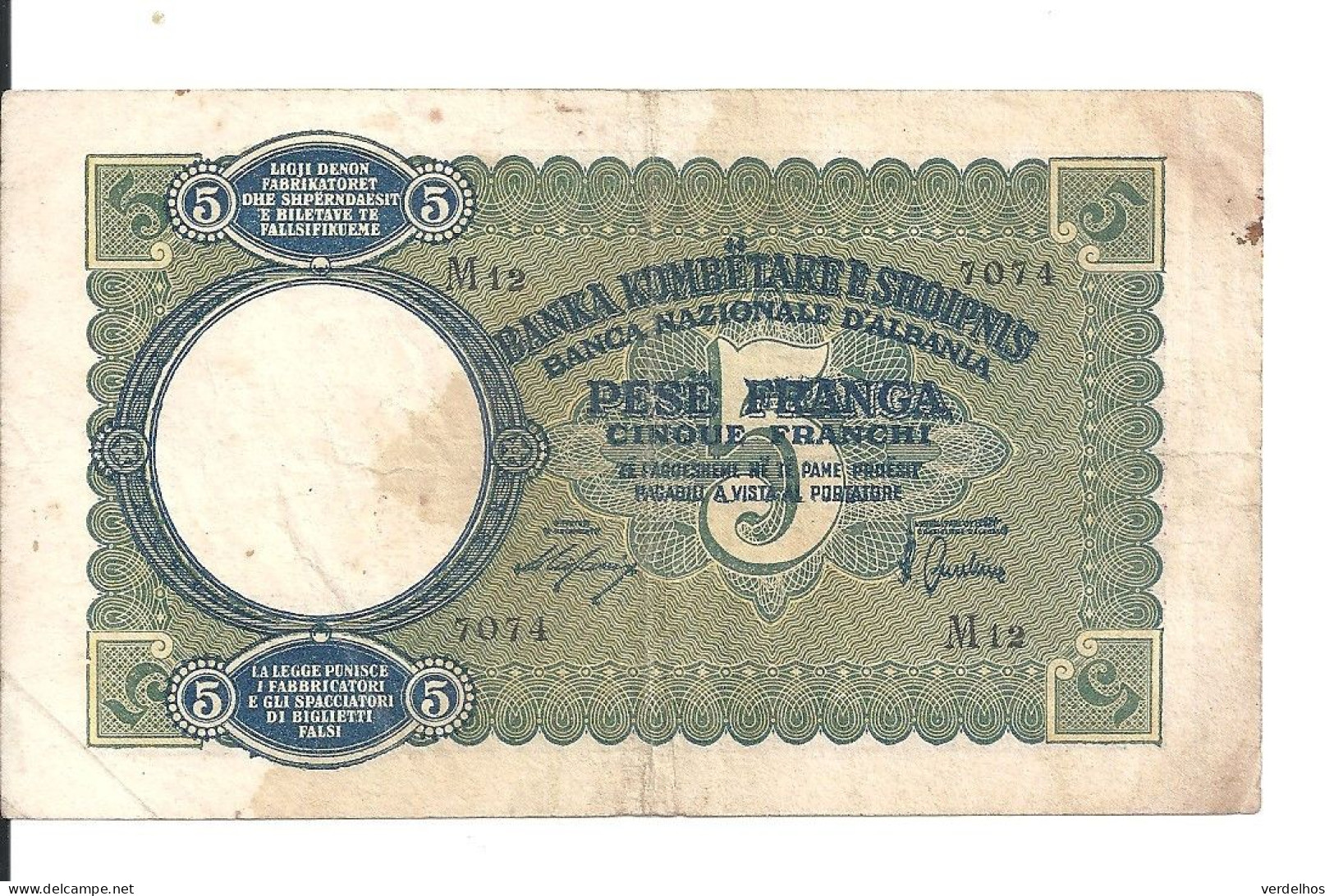 ALBANIE 5 FRANGA ND1939 VF P 6 - Albanien