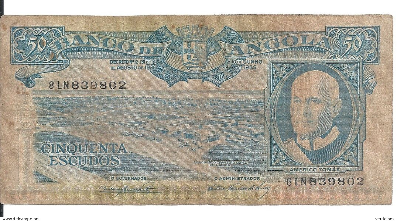 ANGOLA 50 ESCUDOS 1962 VG+ P 93 - Angola