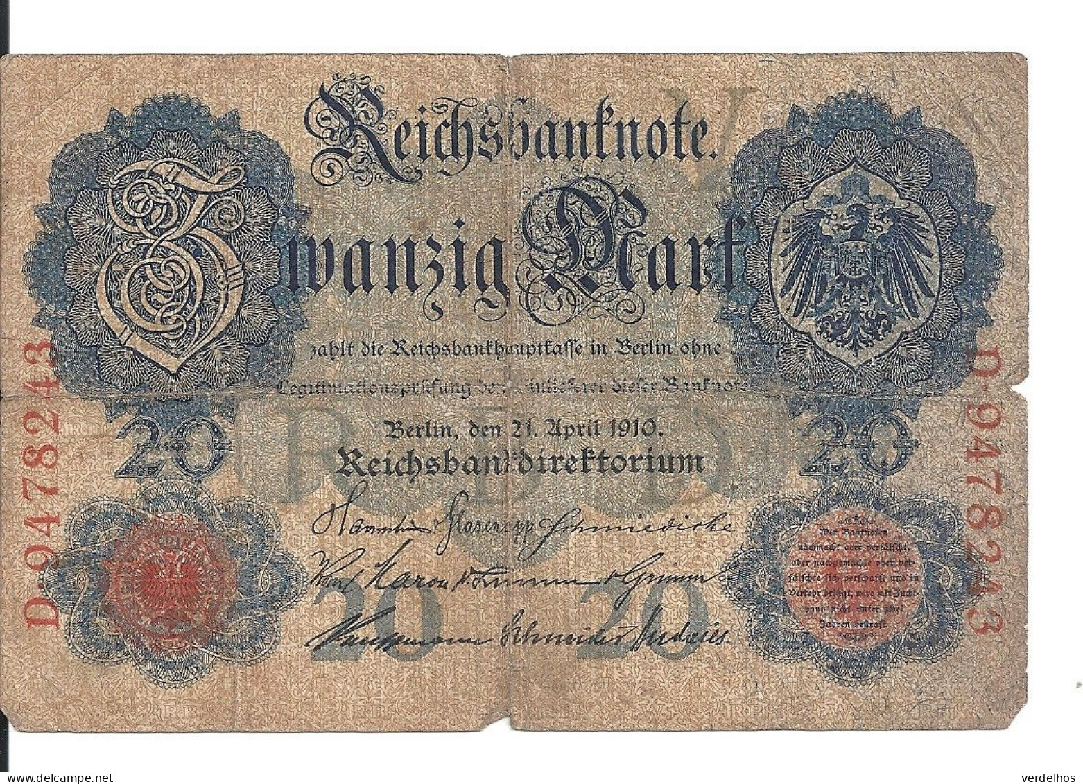 ALLEMAGNE 20 MARK 1910 VG+ P 40 - 20 Mark