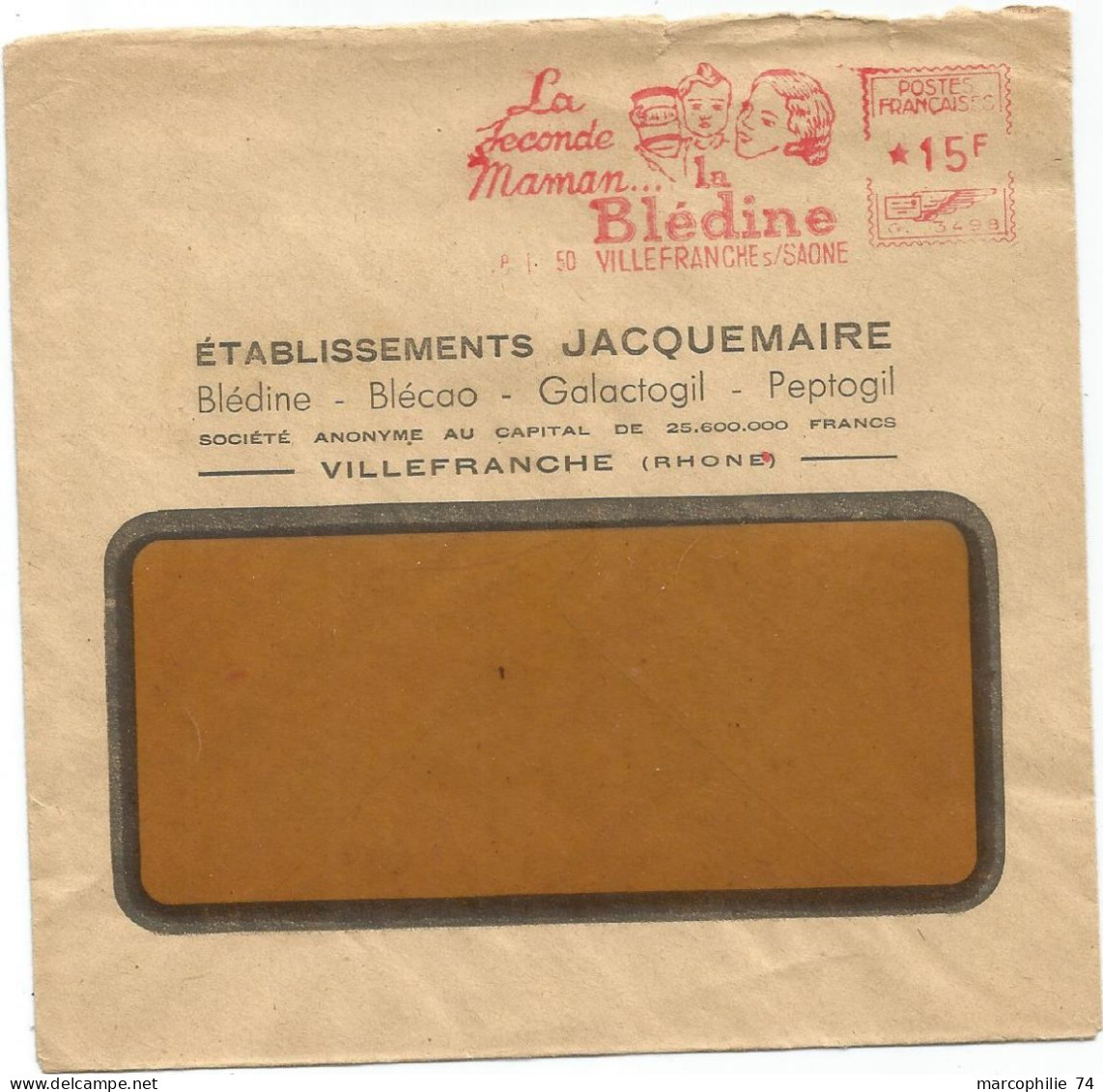 FRANCE EMA 15FR LETTRE A FENETRE BLEDINE LA SECONDE MAMAN VILLEFRANCHE S SAONE RHONE 1950 - Autres & Non Classés