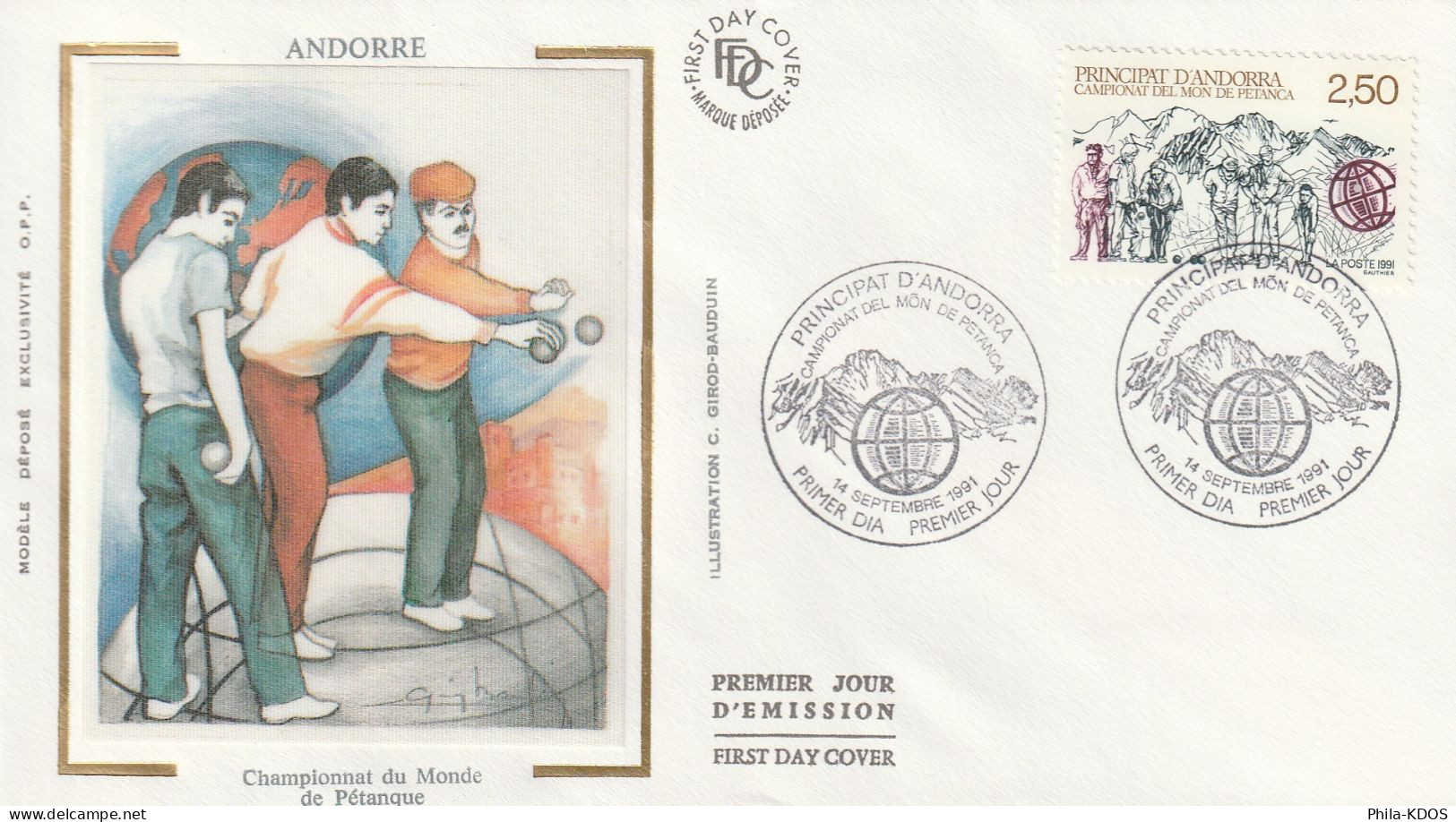 " CHAMPIONNAT DU MONDE DE PETANQUE " Sur Enveloppe 1er Jour Sur Soie D'Andorre De 1991 N° YT 407. Parfait état FDC - Bocce