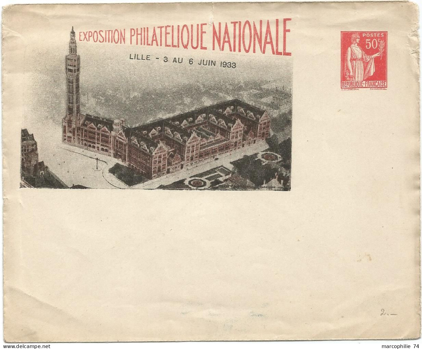 FRANCE ENTIER 50C PAIX ENVELOPPE EXPO PHIL NATIONALE LILLE 1933 NEUF - Umschläge Mit Aufdruck (vor 1995)