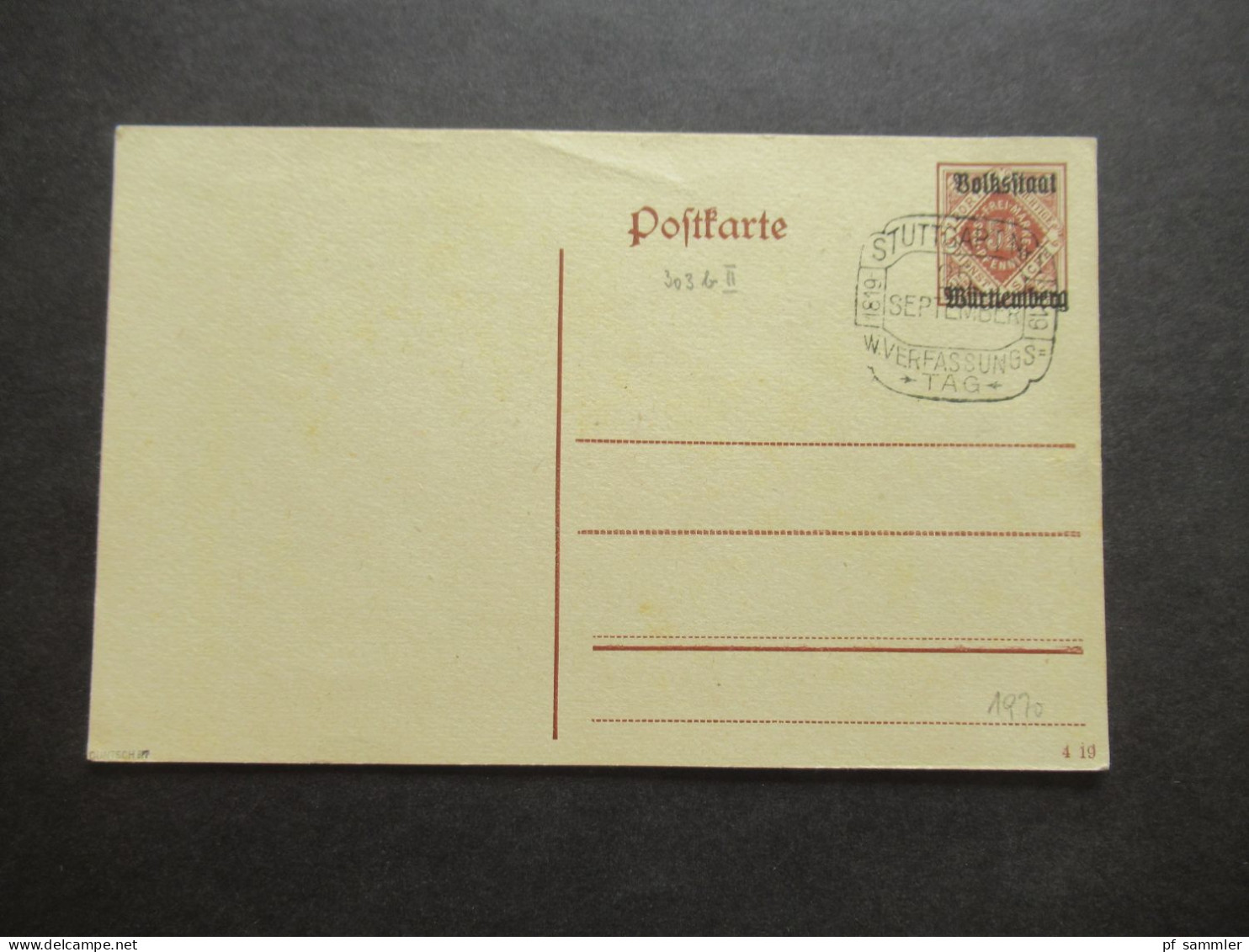 AD Württemberg 1919 Dienstpostkarte DP 47 Mit SSt Stuttgart 25.September Verfassungstag Infla Geprüft Und Düntsch BPP - Enteros Postales