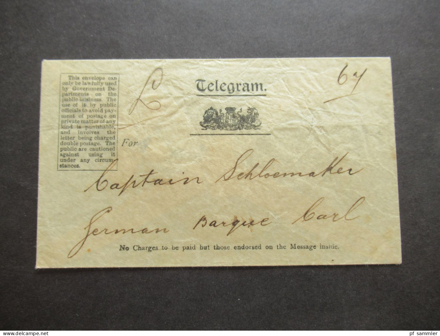 GB Vor 1900 Umschlag Telegram For Captain Schloemaker German Barque Carl / OHNE Inhalt!! - Storia Postale