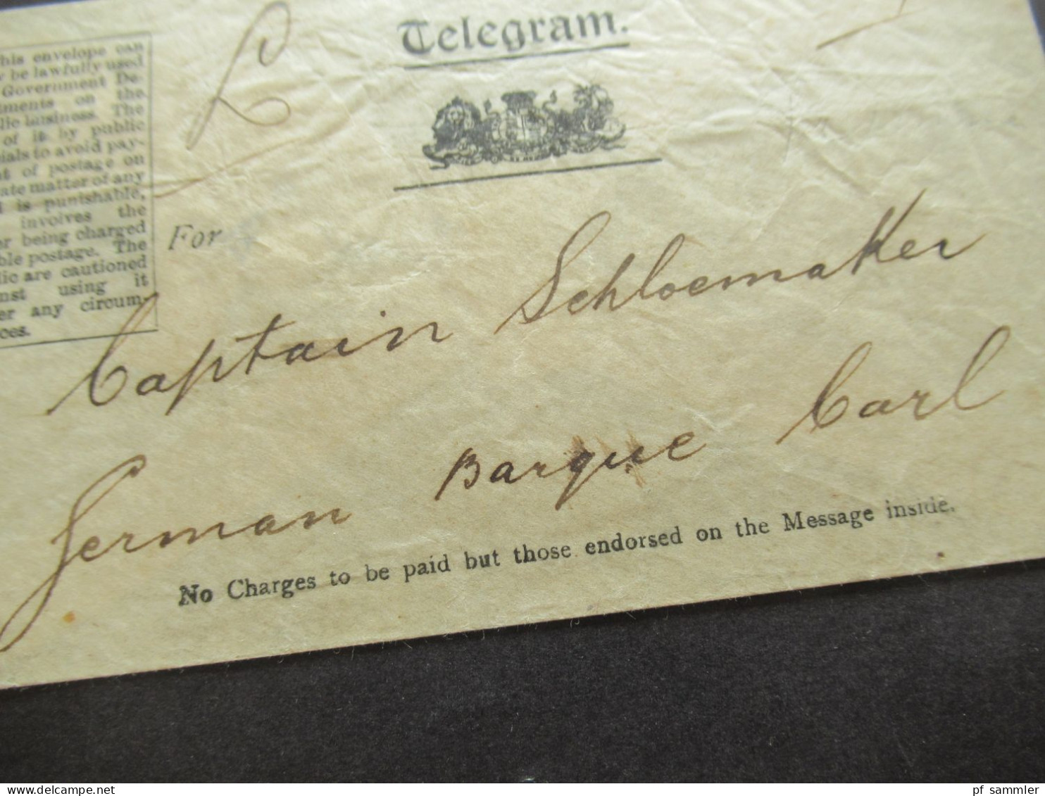 GB Vor 1900 Umschlag Telegram For Captain Schloemaker German Barque Carl / OHNE Inhalt!! - Lettres & Documents