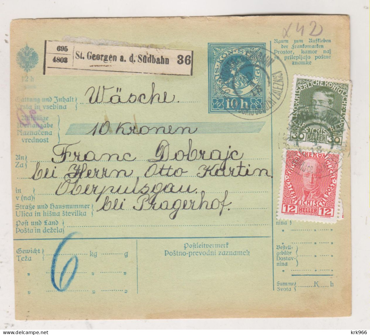 SLOVENIA,Austria 1913 ST.GEORGEN A.d, SUDBAHN Sveti Juraj Ob Juzni Zeleznici Parcel Card - Slowenien