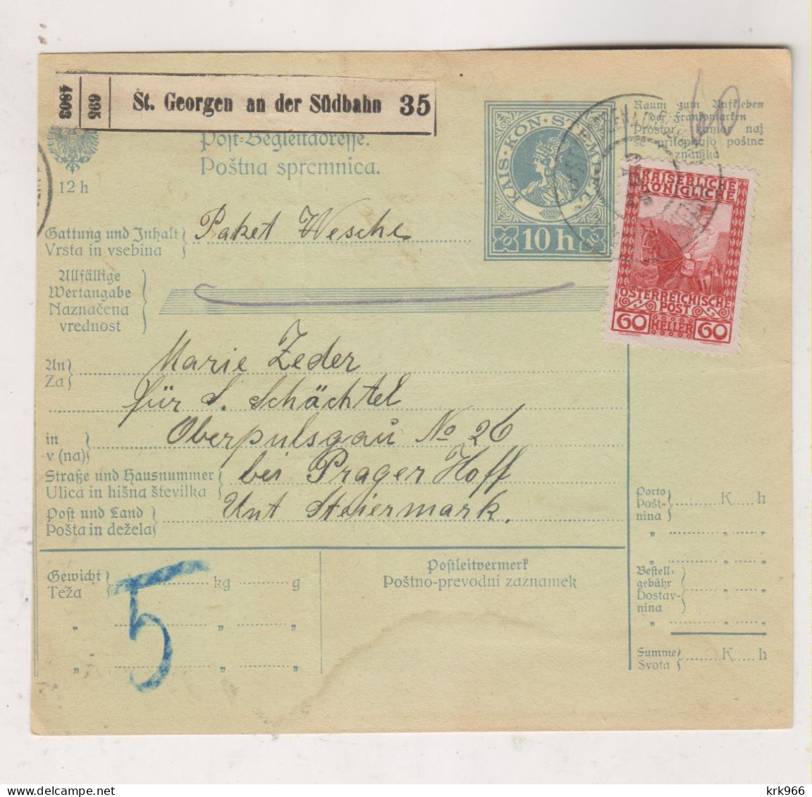 SLOVENIA,Austria 1916 ST.GEORGEN A.d, SUDBAHN Sveti Juraj Ob Juzni Zeleznici Parcel Card - Slowenien