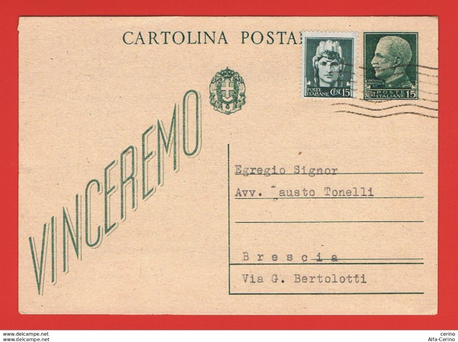 R.S.I.:  21/12/1943  I.P. VINCEREMO  -  15 C. VERDE  CON  GEMELLO  VIAGGIATO  -  FILAGRANO  C 97 B - Entiers Postaux