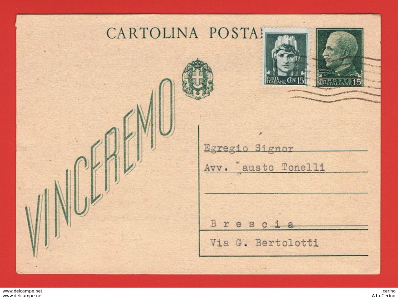 R.S.I.:  21/12/1943  I.P. VINCEREMO  -  15 C. VERDE  CON  GEMELLO  VIAGGIATO  -  FILAGRANO  C 97 B - Stamped Stationery