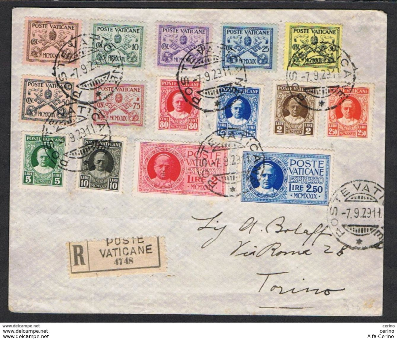 VATICANO:  7.9.1929  CONCILIAZIONE  S. CPL. (SASS. 1/13) + EX. SU RACC. PER TORINO + AMBULANTE  RM/TO  -  SPL - Storia Postale