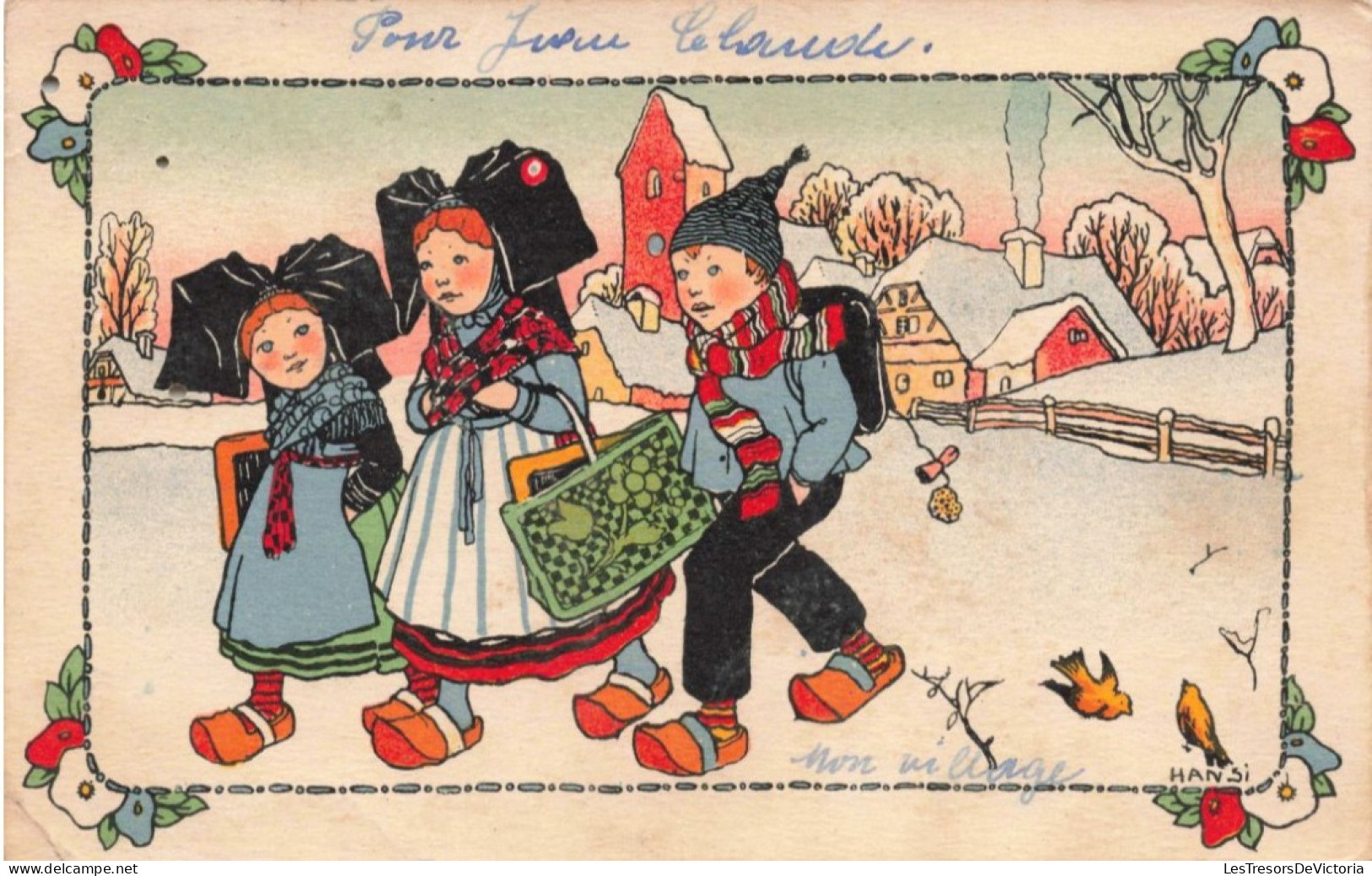 ENFANT  - Dessins D'enfants - Des Petits Paysans Allant à L'école En Hiver - CARTE POSTALE ANCIENNE - Kinder-Zeichnungen