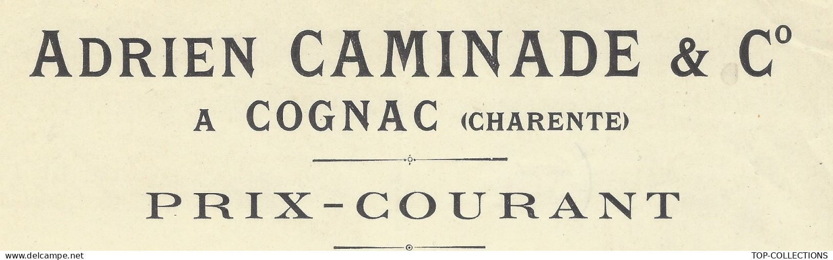 1910 ENTETE Adrien Caminade à Cognac Charente  Prix Courant  CATEGORIES FINE CHAMPAGNE  BORDERIE FINS Bois  V.SCANS - 1900 – 1949