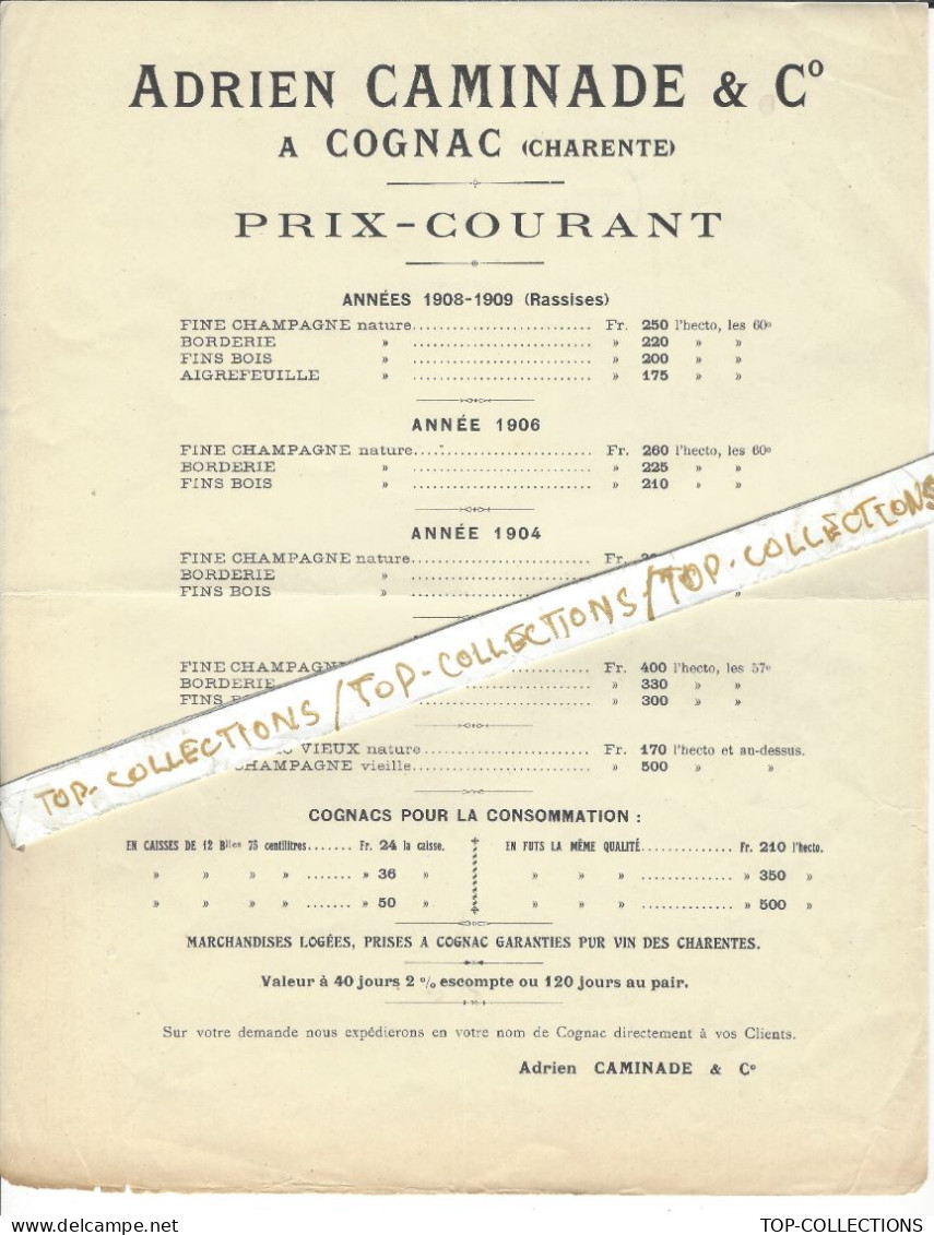 1910 ENTETE Adrien Caminade à Cognac Charente  Prix Courant  CATEGORIES FINE CHAMPAGNE  BORDERIE FINS Bois  V.SCANS - 1900 – 1949