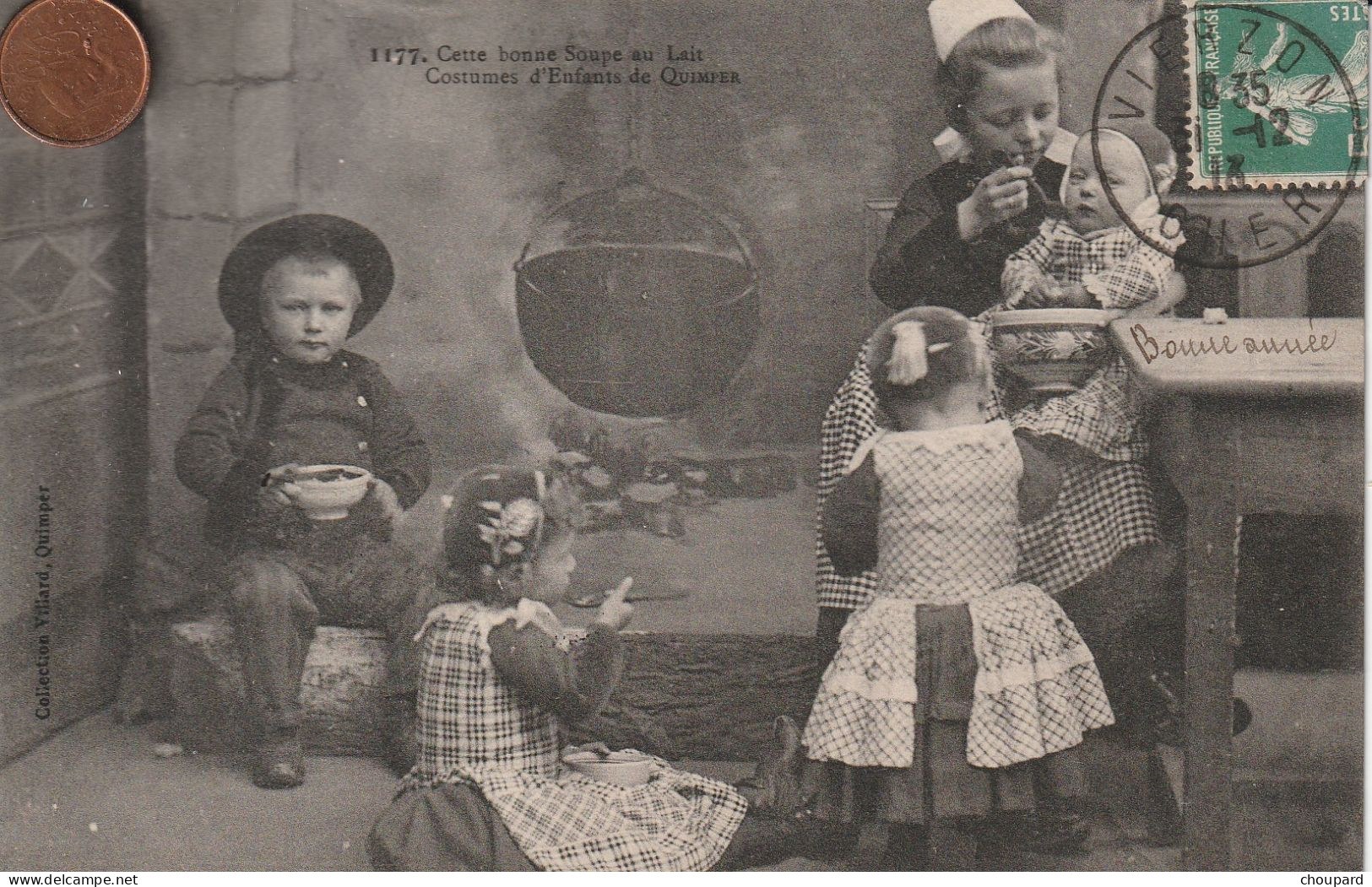 29 - Très Belle Carte Postale Ancienne  Costumes D'Enfants De Quimper   Ave Bonne Soupe Au Lait - Quimper