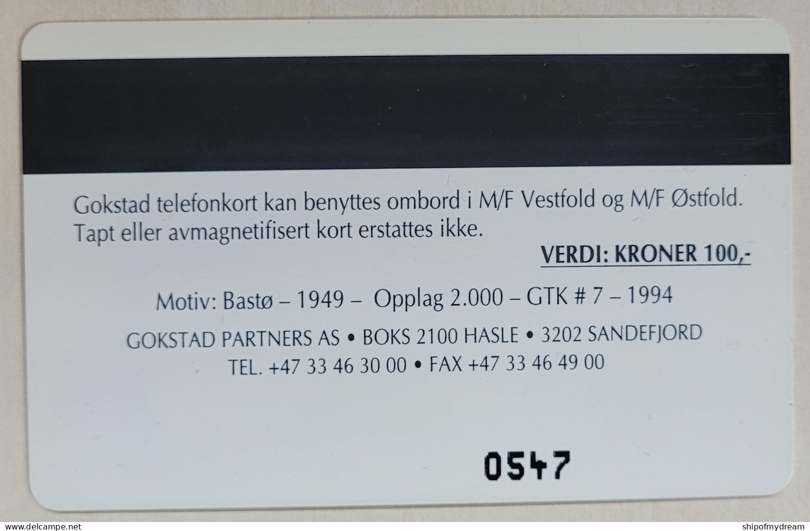 Norway. Gokstad. Ferry Card. G-7. Ship. Basto 1949 - Noorwegen