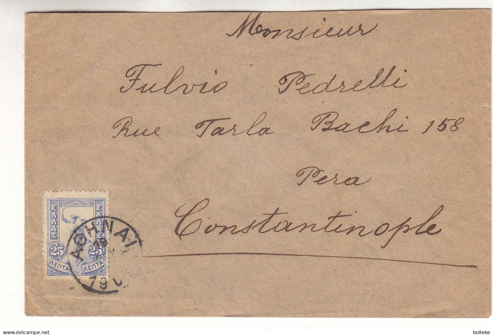 Grèce - Lettre De 1908 - Oblit Athènes - Exp Vers Constantinople - Britisch Post Office - - Cartas & Documentos