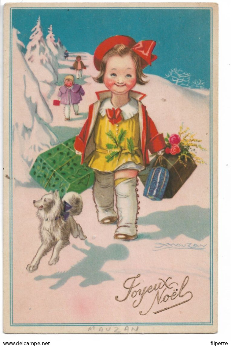 L15K10 - Illustrateur Mauzan - Joyeux Noël - Enfant Les Bras Chargés De Cadeaux, Chien  - Fer à Cheval N°866 - Mauzan, L.A.