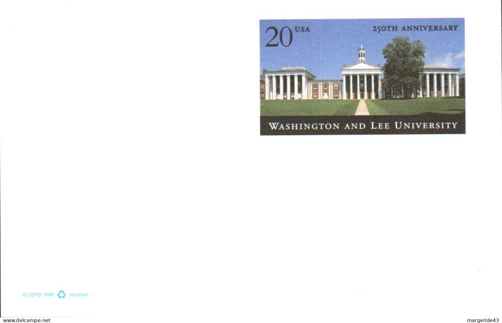 USA ETATS UNIS 1997 ENTIER CARTE WASHINGTON AND LEE UNIVERSITY  20 CENTS NEUF - 1981-00