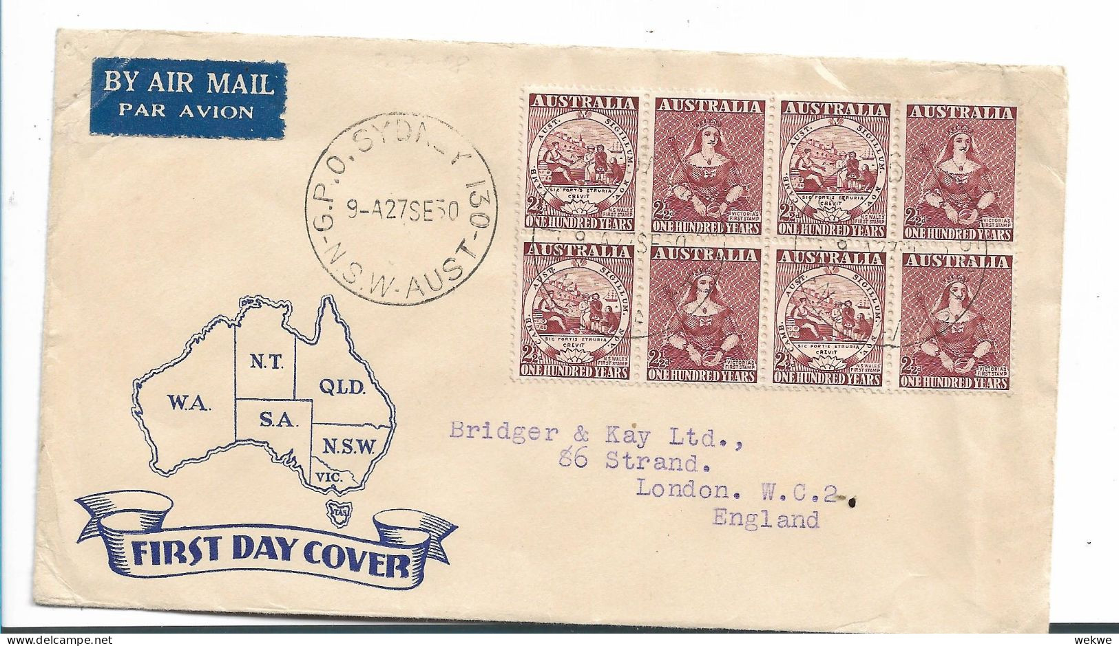 Aus476 / AUSTRALIEN - Briefmarken Jubiläum, 100 Jahre, FDC 1950 Nach GB - Lettres & Documents