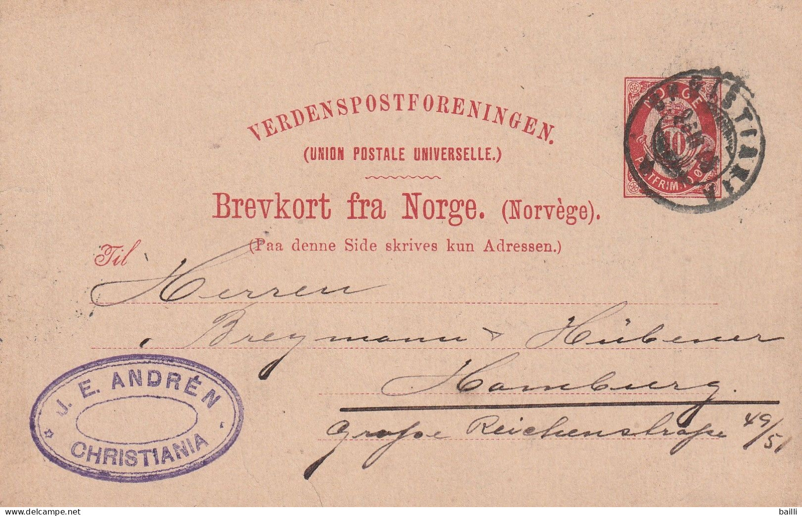 Norvège Entier Postal Christiania Pour L'Allemagne 1895 - Postal Stationery