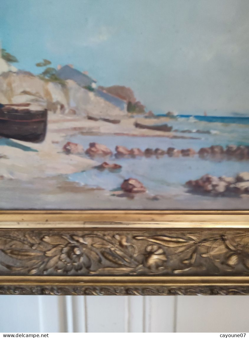 Huile sur toile anonyme " Barque de pêcheur au mouillage  " cadre bois stuqué doré art nouveau