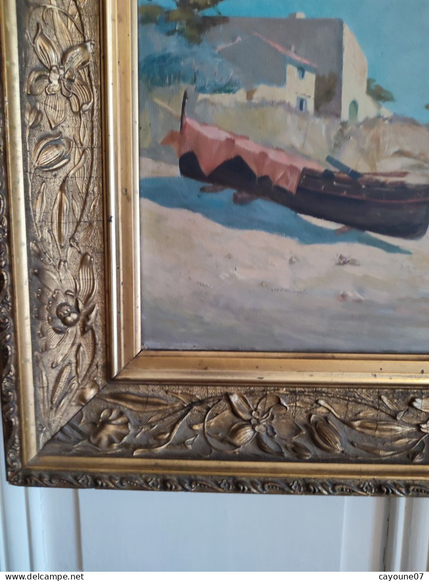 Huile sur toile anonyme " Barque de pêcheur au mouillage  " cadre bois stuqué doré art nouveau