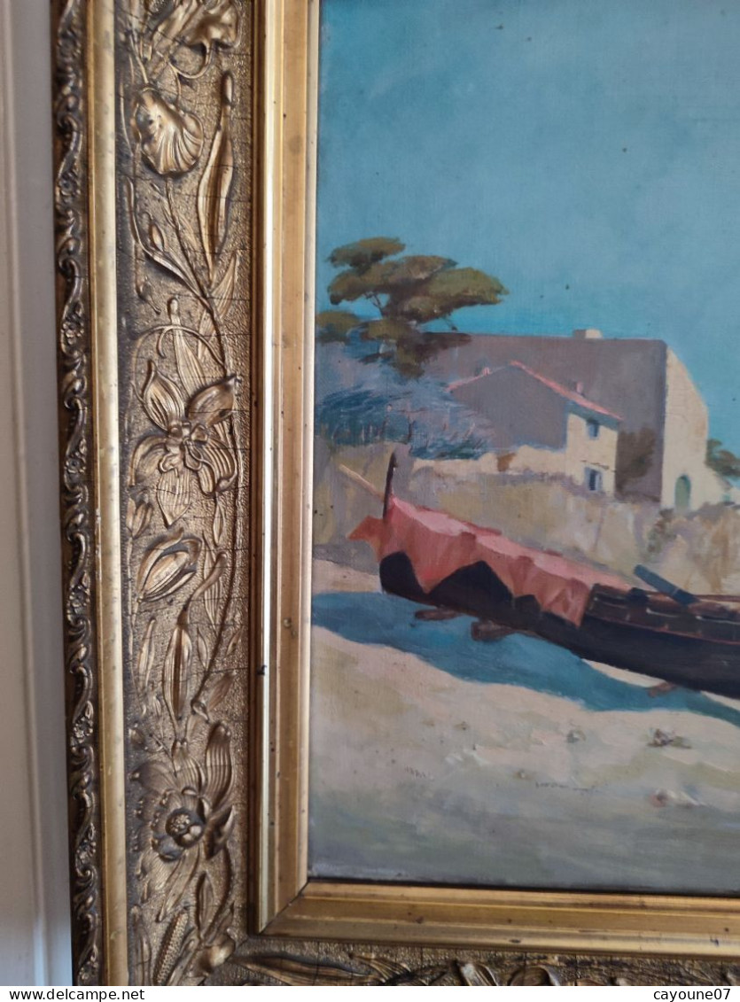 Huile sur toile anonyme " Barque de pêcheur au mouillage  " cadre bois stuqué doré art nouveau