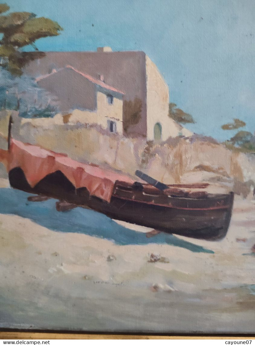 Huile sur toile anonyme " Barque de pêcheur au mouillage  " cadre bois stuqué doré art nouveau