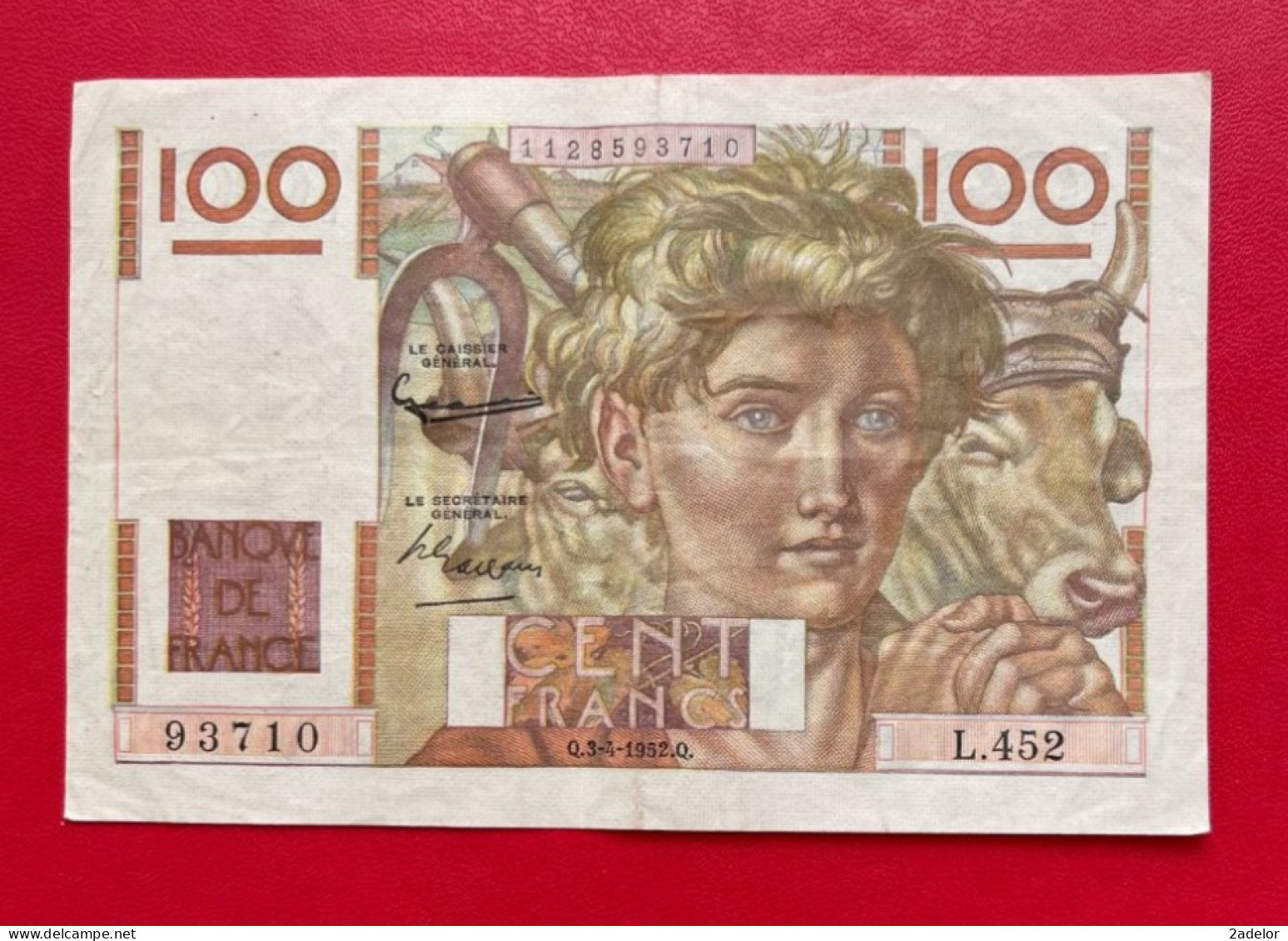 Beau Billet De 100 Francs Jeune Paysan Q.3-4-1952.Q. Etat TTB/TTB+ - 100 F 1945-1954 ''Jeune Paysan''