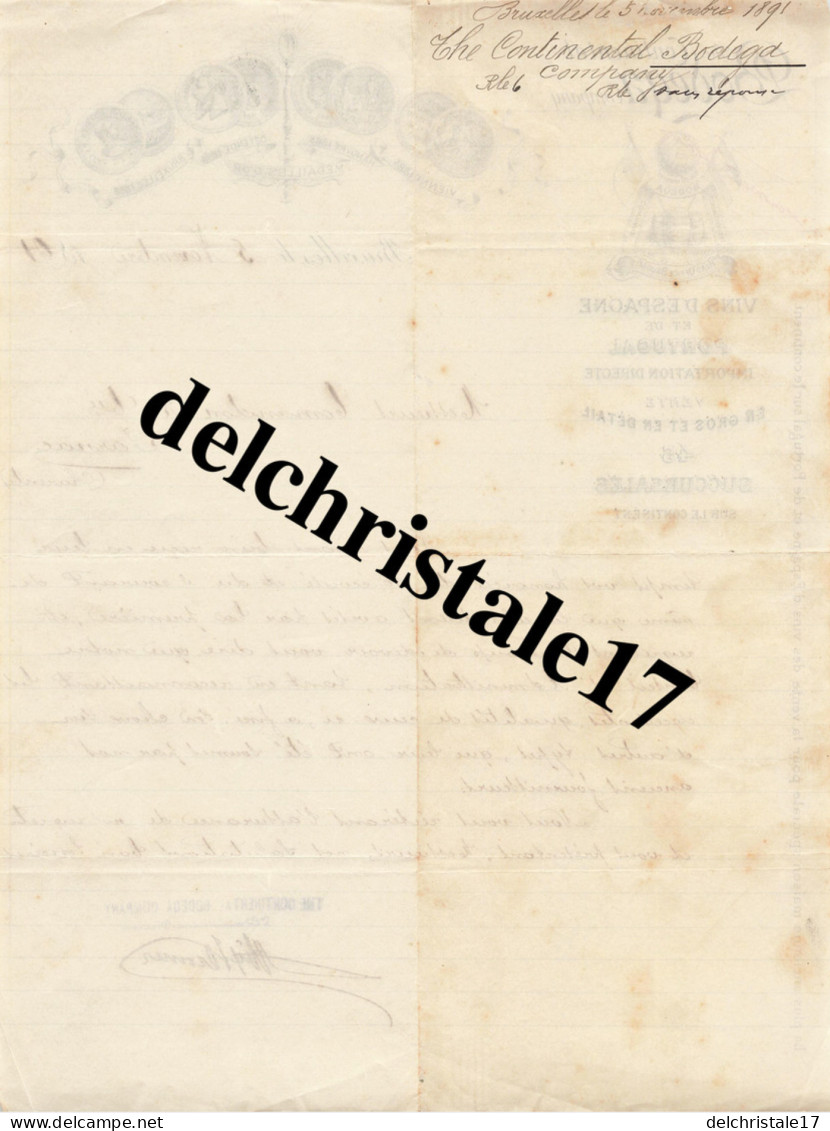 96 0651 BRUXELLES BELGIQUE 1890 Vins D'espagne & Portugal The Continental BODEGA Company à Mrs COMANDON & Cie à JARNAC - 1800 – 1899