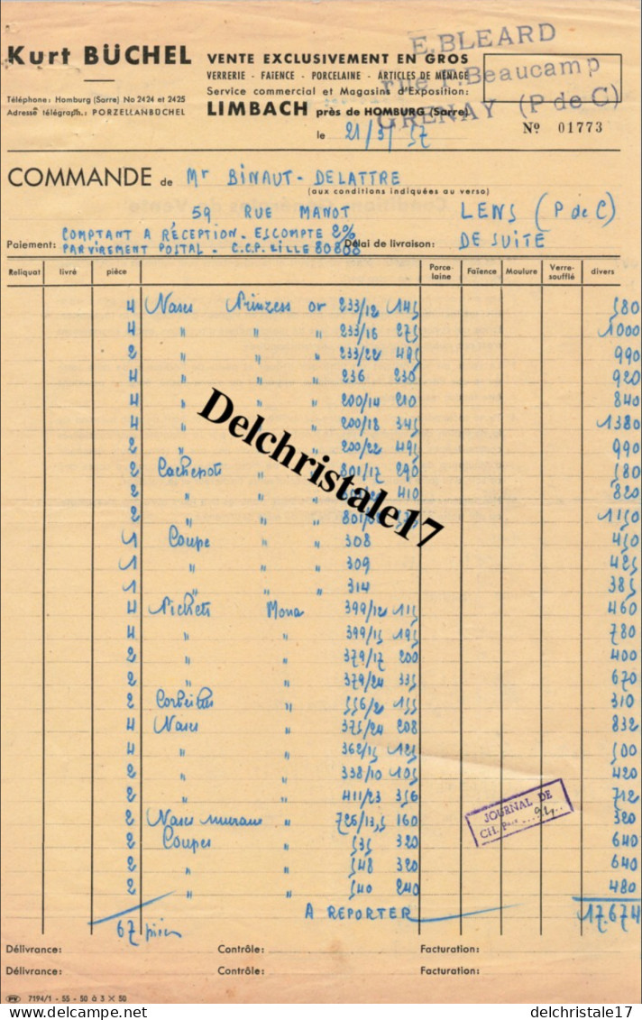 96 0639 LIMBACH PRÈS DE HOMBURG (SARRE) 1957 VERRERIE FAÏENCE PORCELAINE KURT BÜCHEL - DEST. BINAUT-DELATTRE - 1950 - ...
