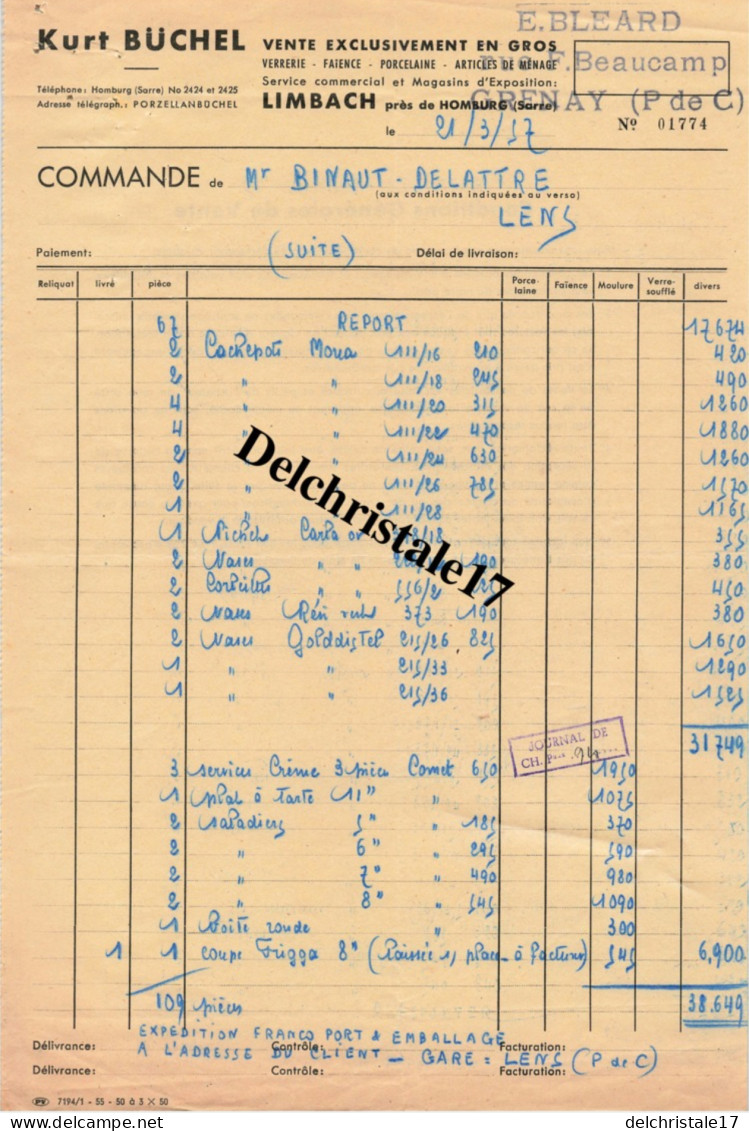 96 0639 LIMBACH PRÈS DE HOMBURG (SARRE) 1957 VERRERIE FAÏENCE PORCELAINE KURT BÜCHEL - DEST. BINAUT-DELATTRE - 1950 - ...