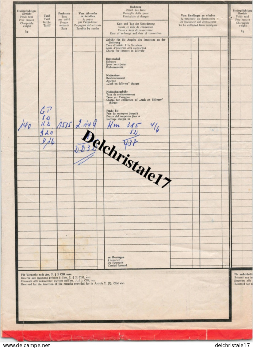 96 0640 LIMBACH PRÈS DE HOMBURG (SARRE) 1957 LETTRE DE VOITURE GRANDE VITESSE TRANSPORT INTERNATIONAL PAR CHEMIN DE FER - 1950 - ...