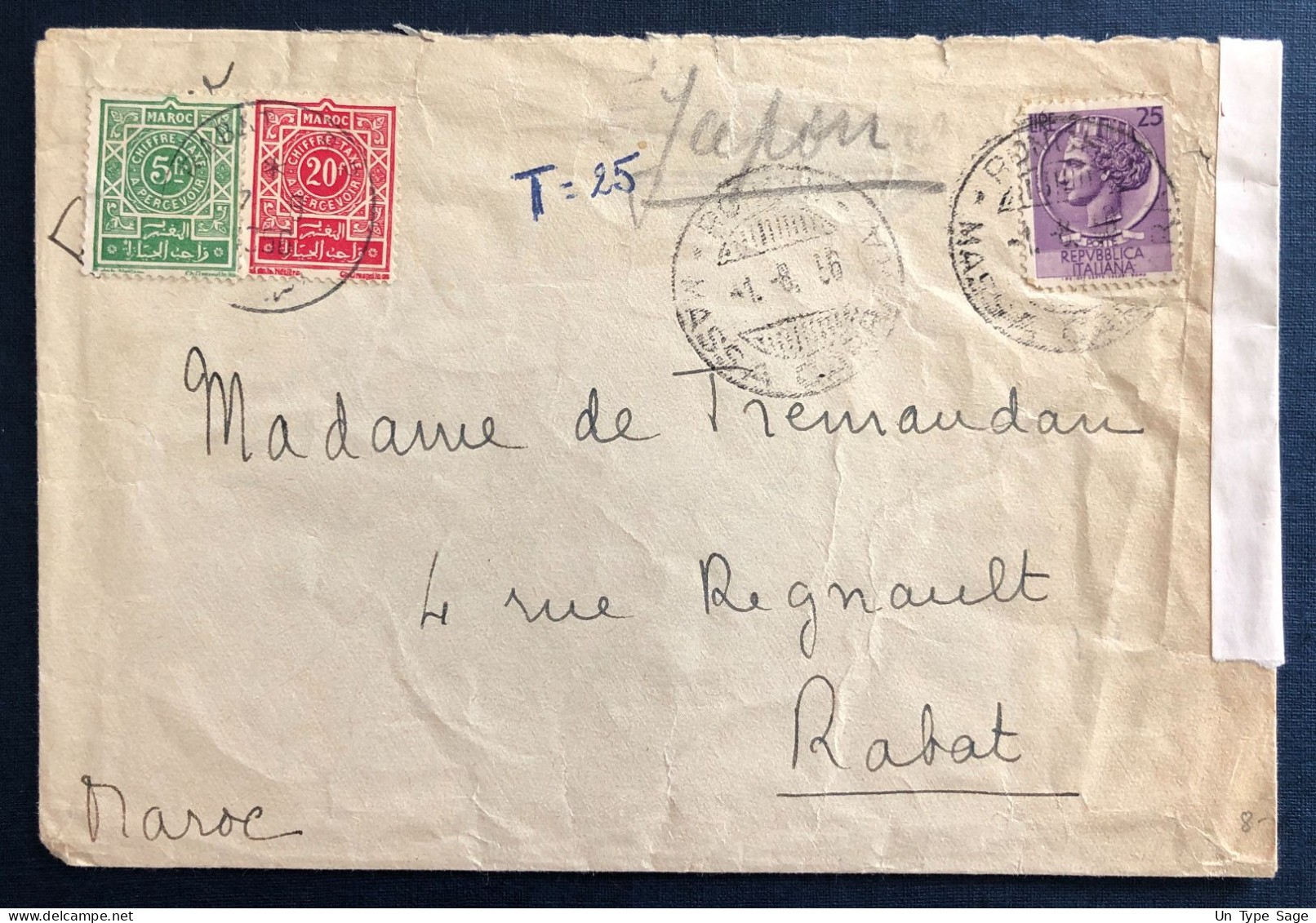 Maroc, Divers TAXE Sur Enveloppe, D'Italie 1.8.1956 - (B3135) - Lettres & Documents